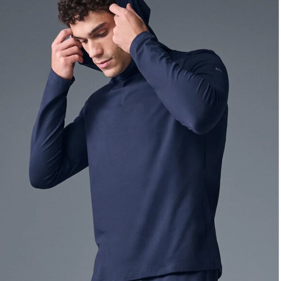 NEW Alo Yoga Men Conquer Reform Long Sleeve With Hood in Navy Blue size L Large - Picture 4 of 4